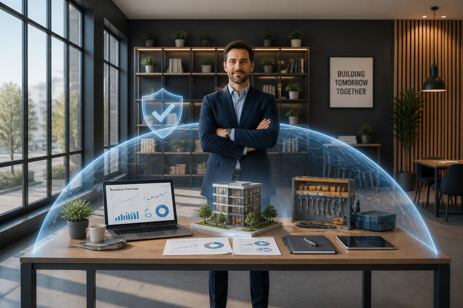 Entrepreneur confiant protege par une barriere de securite