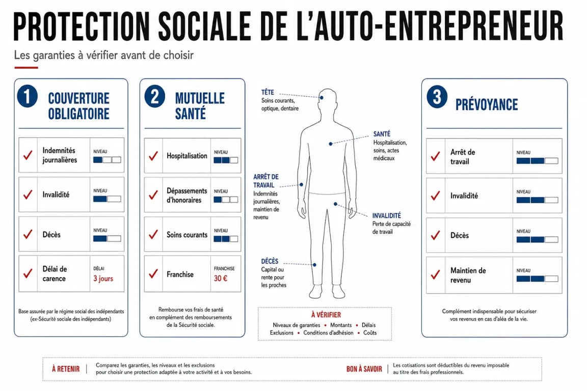 Assurance et prévention santé pour les auto-entrepreneurs indépendants : schéma comparant couverture obligatoire, mutuelle santé et prévoyance