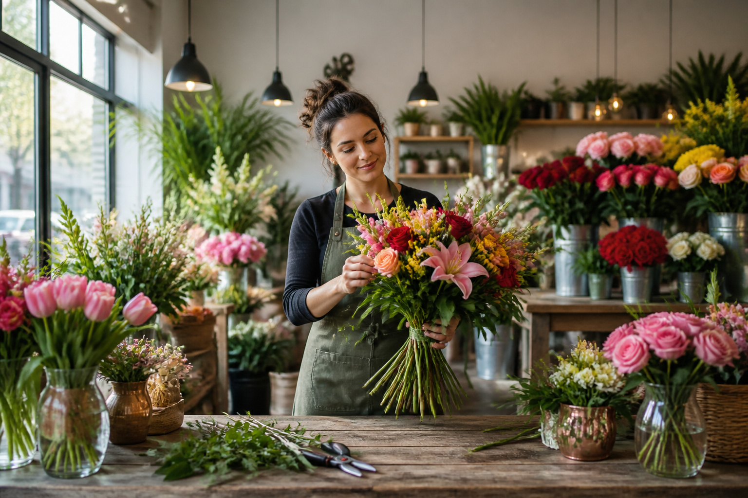 Fleuriste creant un bouquet colore