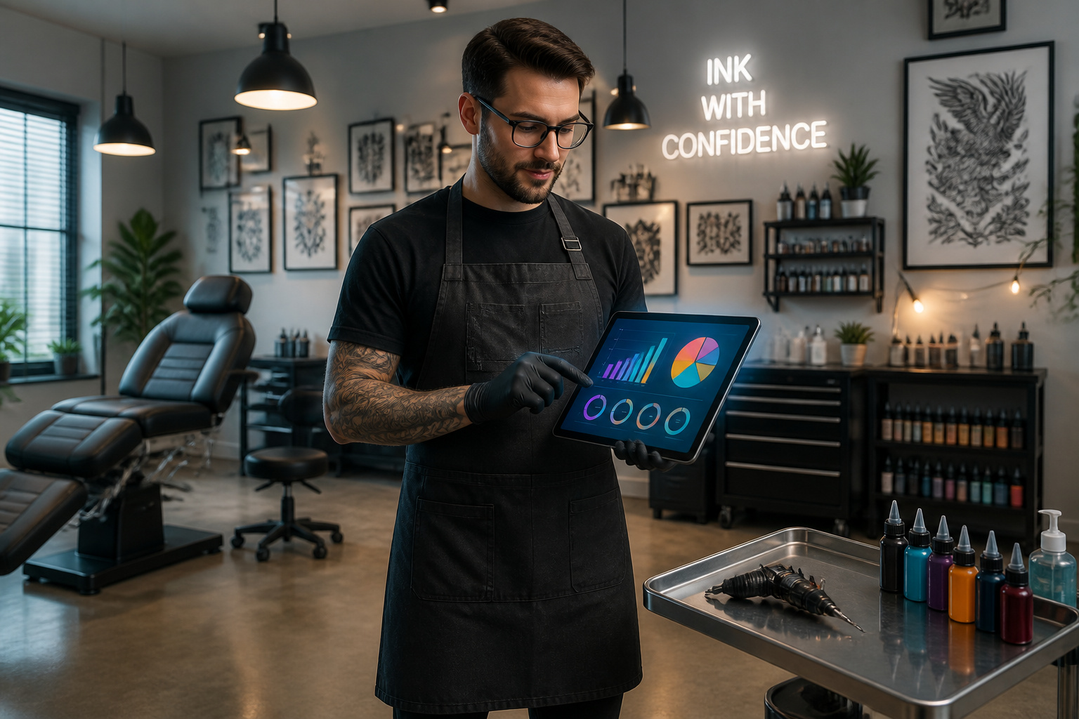 Tatoueur moderne analysant des donnees sur tablette