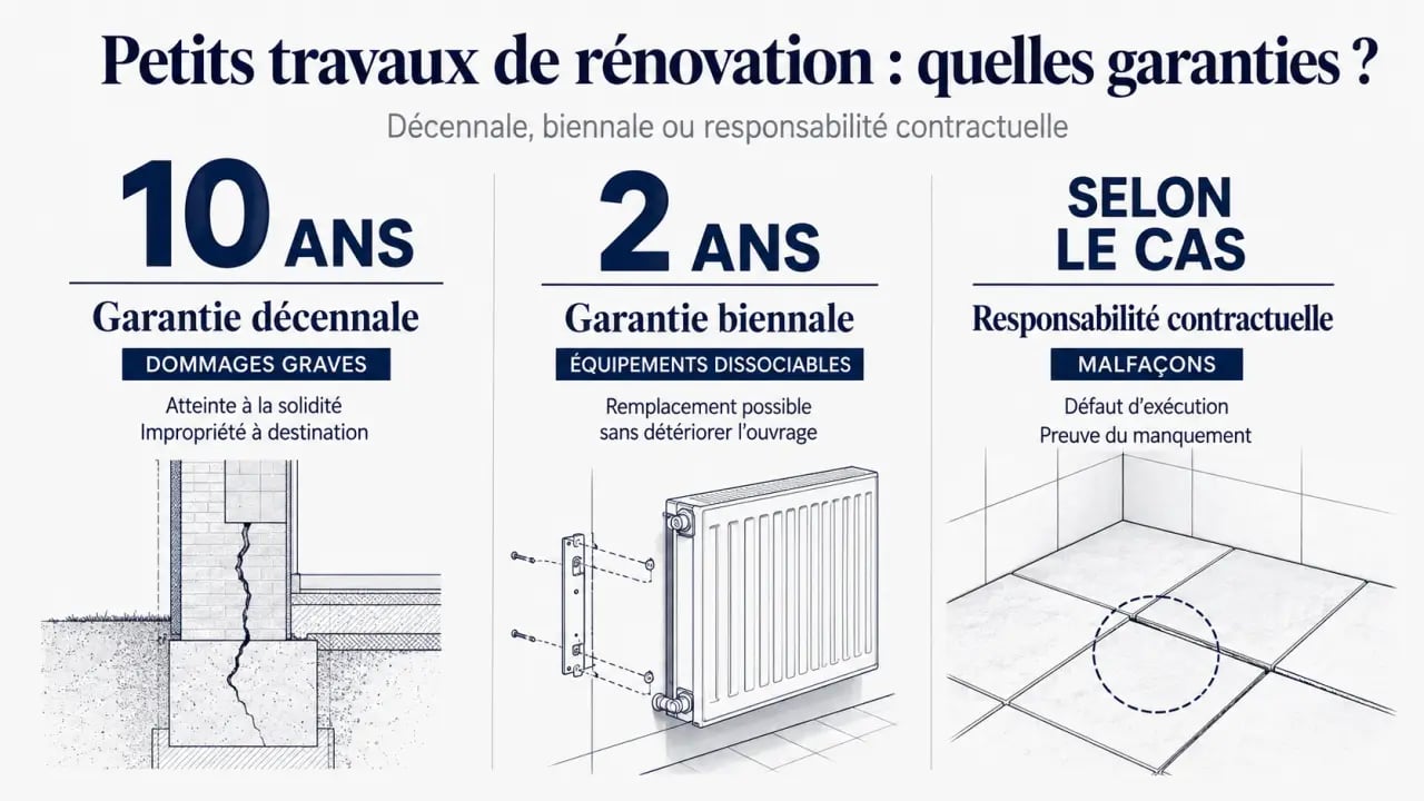 Assurance décennale et gestion des petits travaux de rénovation : comparatif visuel entre décennale, biennale et responsabilité contractuelle